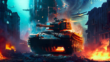 Modern battle tank against the backdrop of urban destruction