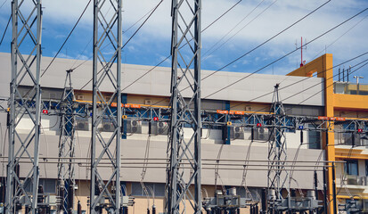 Naklejka premium High voltage electric power plant current distribution substation