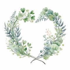 Fototapeta premium Watercolor Valentines Day Floral Heart Frame Wreath. Hand painted green eucalyptus leaves, forest fern, isolated on white background. Botanical illustration, wedding invitation. Generative AI.