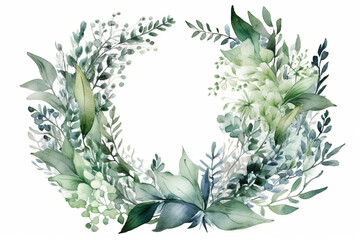 Watercolor Valentines Day Floral Heart Frame Wreath. Hand painted green eucalyptus leaves, forest fern, isolated on white background. Botanical illustration, wedding invitation. Generative AI.