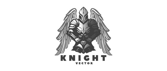 Vector black and white winged knight in armor on an isolated background. Logo, sticker or emblem.