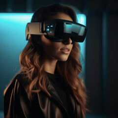 Bella mujer de pelo largo castaño, llevando unas gafas futuristas de realidad virtual, fondo desenfocado en tonos oscuros turquesas. Ilustración de IA generativa