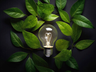 A glass luminous light bulb lies framed by green leaves, on a dark background. Generative AI