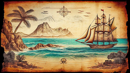 An old pirate map depicting a sailing ship in the sea near the coast of a tropical rocky island. Generative AI