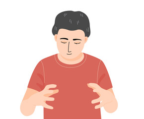 Isolated of a man smiling and focusting on hands holding empty space, between hands in flat vector illustration.