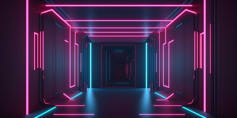 Fototapeta premium Futuristic empty neon background. High tech lines interior, 3D illustration 