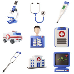 3D Medical Icons set Microscope Stethoscope Thermometer Ambulance X-ray Hospital UX UI Web Design Elements 3d rendering 