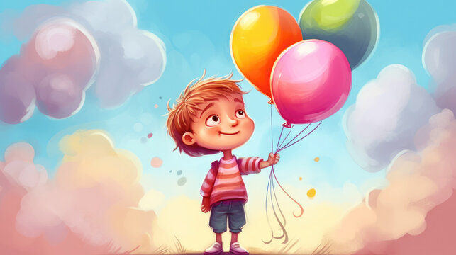 Happy boy with colorful balloons at birthday party (Generative AI)