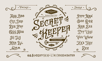 Vector font Secret Keeper. Letters and numbers