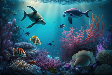 Naklejka na ściany i meble Beautiful underwater world and inhabitants.Created with Generative Ai technology.