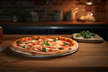 Obraz na płótnie Canvas Margherita pizza on the table in the pizzeria. generative ai