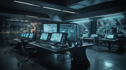 Fototapeta premium Futuristic office / workspace of a technology business in minimalistic modern style -Generative art