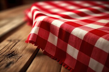 Checkered tablecloth on wooden table. Ai. Picnic background