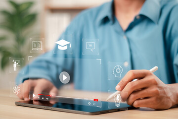 Person who attends online lessons on a digital screen. Education on internet, e-learning concept. Education internet Technology.