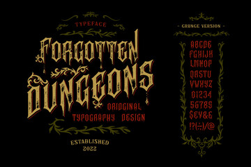 Vector vintage font Dungeon. Letters and numbers