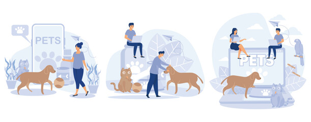 Pets care. Pet shop. Tiny people and Pets Concept, set flat vector modern illustration