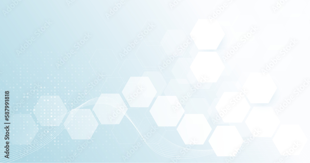 Poster abstract blue hexagon shape and wavy lines with science and health care concept background. vector i