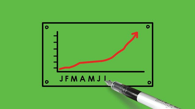 Draw close view of red graph line upward on paper with horizontal and vertical lines with black outline on abstract green screen background
