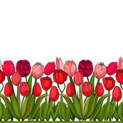 Floral border. Spring seamless pattern. Cute horizontal banner with blooming tulips. 
