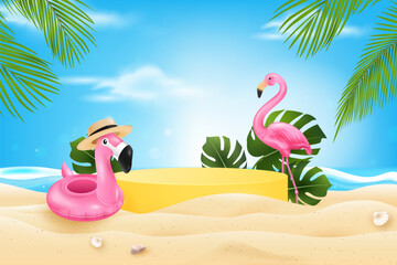 Stage podium for product display in sandy summer beach background with pink flamingo birds - obrazy, fototapety, plakaty