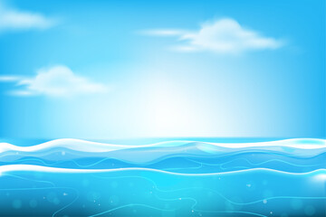 Blue ocean seawater surface with sky, clouds and sunshine, summer background  concept