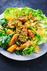 Traditioneller deutscher Eisberg und Feldsalat serviert mit Hähnchen, Avocado und Orangenscheiben mit pikanter süß saurer Currysauce serviert als Nahaufnahme auf einem Designteller mit Textfeld 