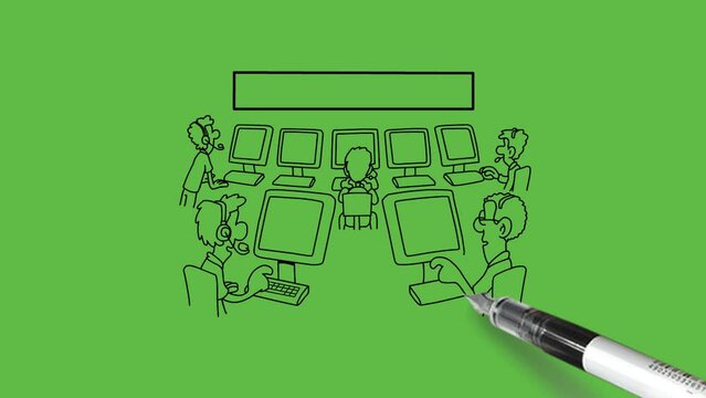 Draw backside of five young men sit on chair work on computer hold head phone and speaker see on front board wear suitable dress with black outline on abstract green background
