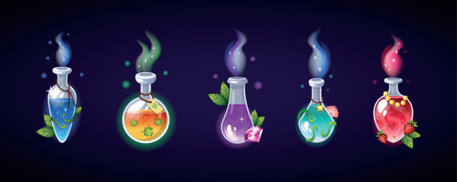 Potion set, poison witch bottles, halloween decor elements. Vintage medicine science glass drinks, magic chemistry beverage. Liquid substance in flasks. Luck and love vector tidy illustration