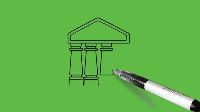 Draw close view of wall construct on four huge pillars with solid platform with black outline on abstract green background
