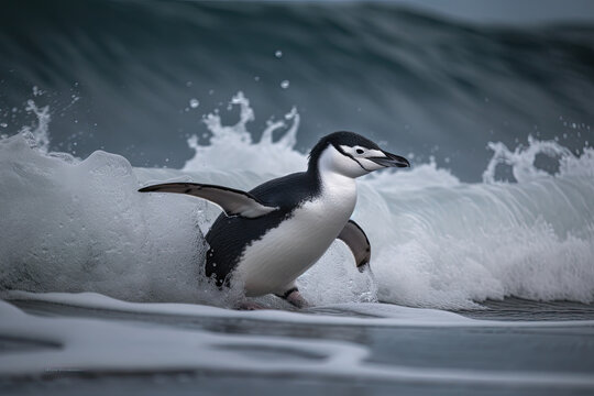 Chinstrap penguin ride out high surf. animal wildlife, generative AI