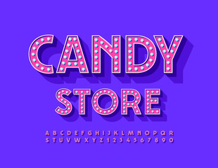 Vector advertising Sign Candy Store. Retro design Font. Creative Alphabet Letters, Numbers and Symbols set