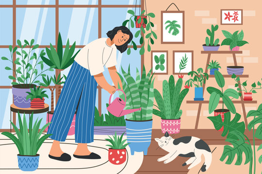 Home plant garden, woman and cat in room, cute houseplants. House interior with lady and table, trendy greenhouse. Happy indoor hobby. Botanical vector garish cartoon flat style characters