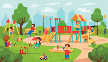 Kids play on playground. Kindergarten city. Children ride on slides or swings. Baby and mother on street yard. Happy young people. Boy and girl in sandbox. Vector tidy illustration
