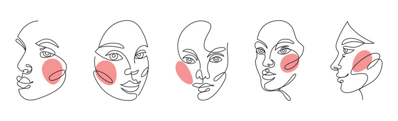 Woman faces. Abstract girl art portraits. Continuous line. Beauty human profile. Red blush spot. Hand drawn sketch character. Adult female heads. Beautiful lady. Vector tidy design set