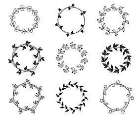 Set of frames with leaves, flowers, stars and hearts, vector graphic drawing on a white background.