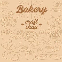 Bakery craft shop. Line products, bread and baguette, muffin and croissant. Product packaging or menu cover. Outline food background, hand drawn pastry, vector monochrome isolated illustration