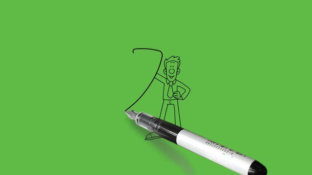 Draw standing young man of round nose near big building raise board in right hand upward show three arrows in different directions left hand on hip wear shirt, trouser, tie and shoes with black outlin