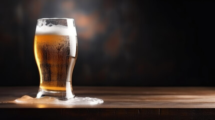 Glass of fresh and cold beer on dark background. Generative AI