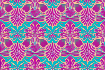 Abstract magenta or purple natural flower, floral, and leaves seamless pattern background. Flower and leaf clip illustration watercolor texture wallpaper. Generative AI.