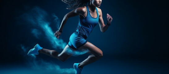 Fototapeta na wymiar A woman in a running suit with a light blue background.generative ai