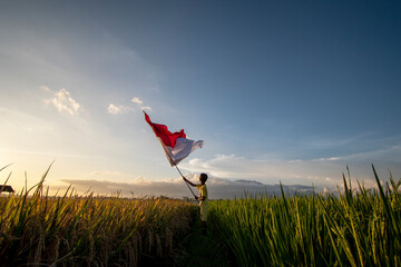 Little boy carrying a red and white flag. in the photo from behind.