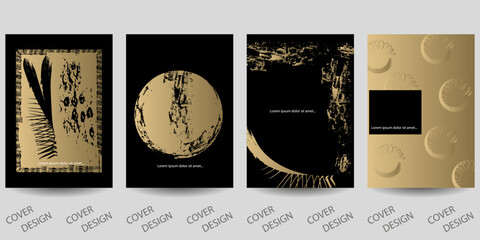 Luxurious black and gold backgrounds set. Colorful geometric art pattern with glitter grunge texture. For printing on covers, brochure, sales, flyers, menu. Modern design. Vector.