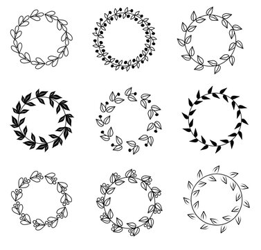 Frames round set with contour image of leaves, flowers, stars and hearts, vector graphic drawing on a white background.