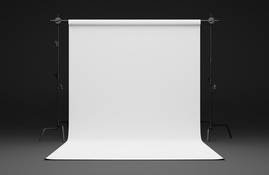 Empty Photography Studio Soft Box Flash Lighting Equipment Blank Paper Backdrop Background. Mock Up Display Product Background. 3d Rendering.