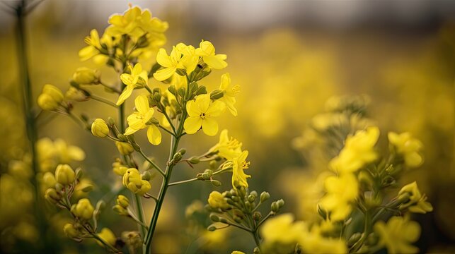 Macro shot of canola blooms in vibrant yellow hue. Generative AI