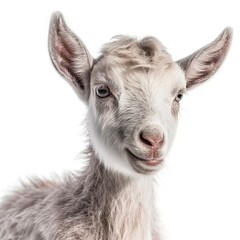 Close up portrait of an expressive baby goat with innocent eyes against a white background.  Generative AI