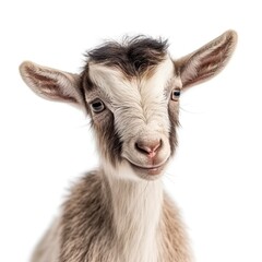 Close up portrait of an expressive baby goat with innocent eyes against a white background.  Generative AI