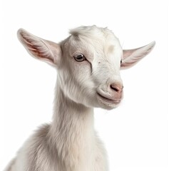 Close up portrait of an expressive baby goat with innocent eyes against a white background.  Generative AI