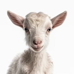 Fototapeta premium Close up portrait of an expressive baby goat with innocent eyes against a white background. Generative AI