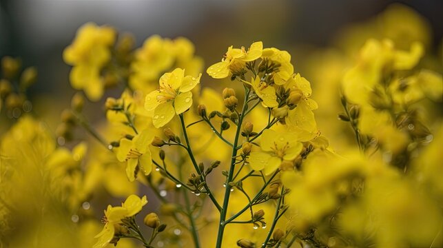 Macro shot of canola blooms in vibrant yellow hue. Generative AI